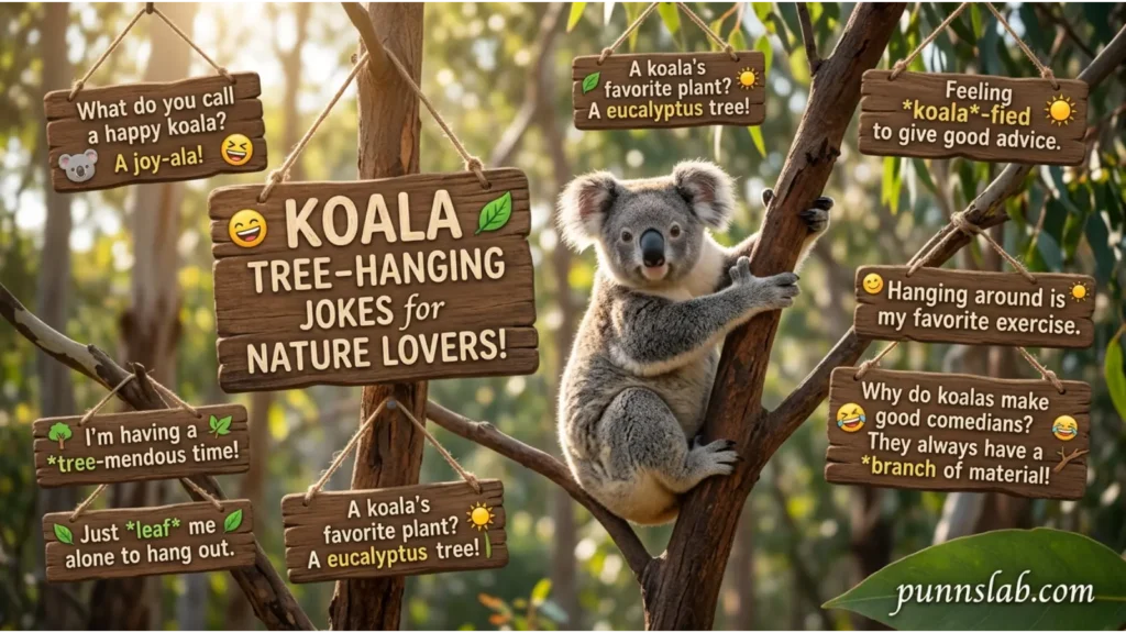 Koala tree hanging wordplay jokes